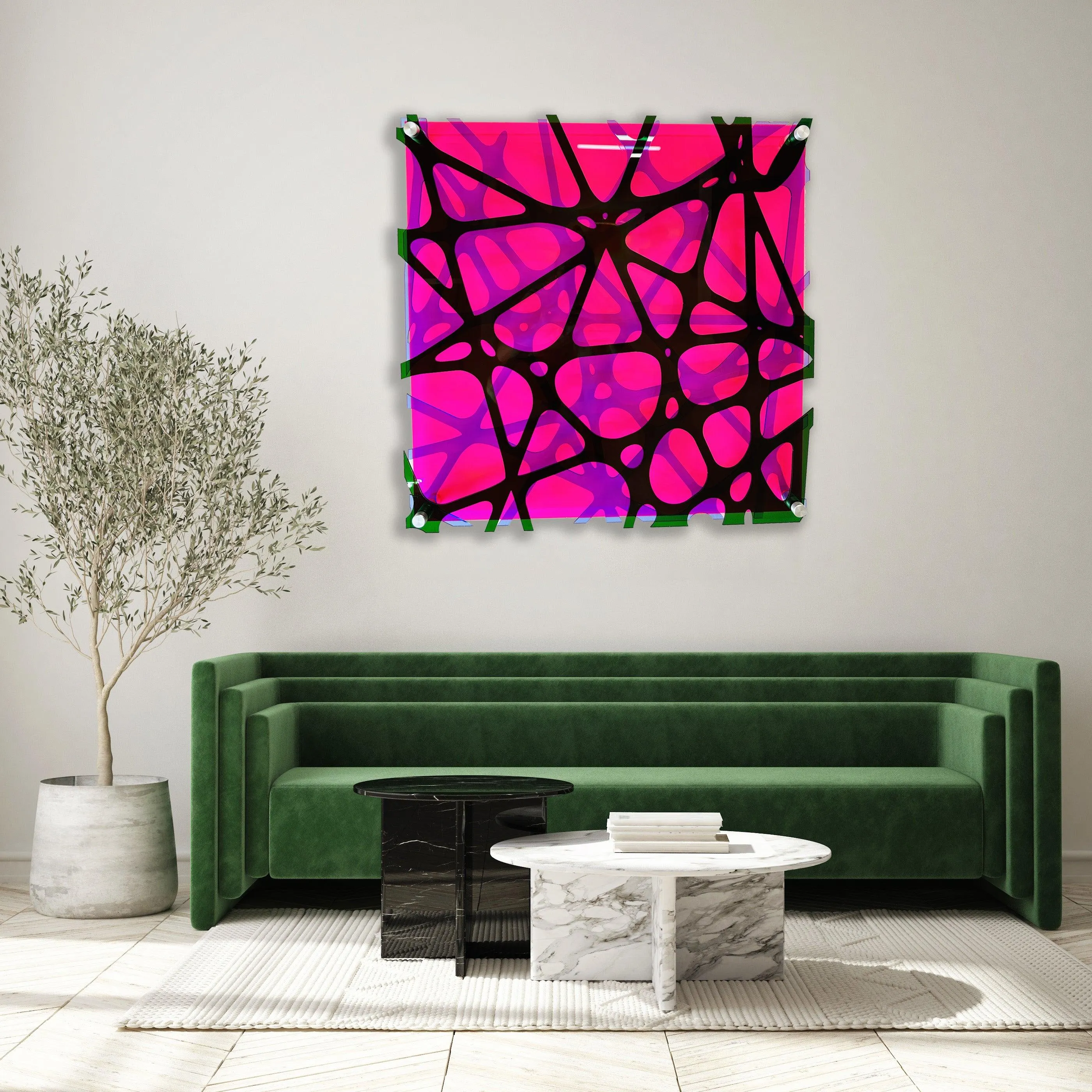 Triple Net 3D Wall Sculpture Transparent Acrylic Geometric Pink Wall Art